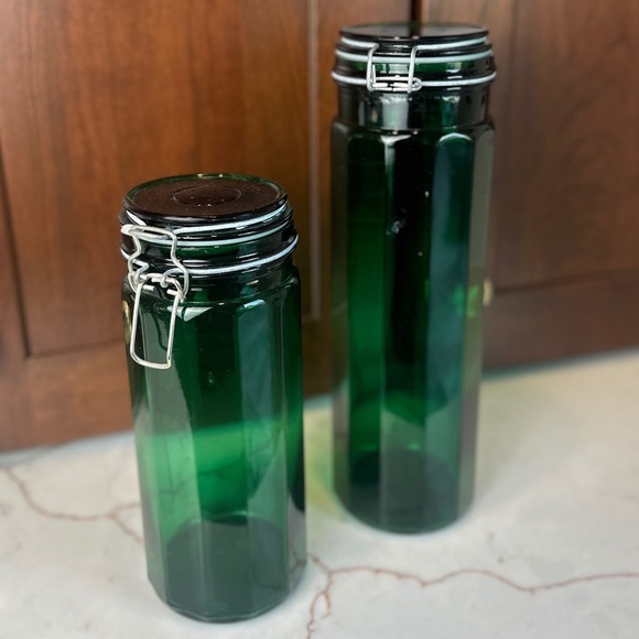 Pair Vintage Emerald Green Glass Storage Jars Hexagon Canisters with Clamp Lids - Picture 1 of 7